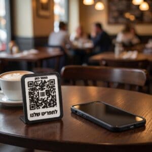 Mini P-Class — компактная QR-подставка на столике в кафе, рядом с телефоном