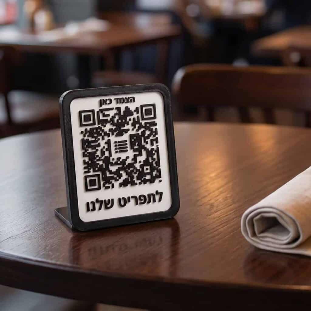 Mini P-Class — מעמד QR קומפקטי על שולחן במסעדה